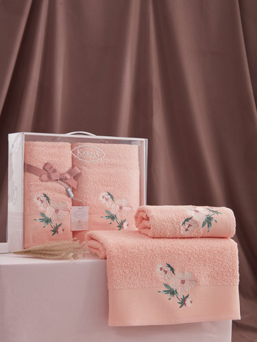 Подарочный набор полотенец для ванной 50х90, 70х140 Karna VALDI хлопковая махра абрикосовый, фото, фотография