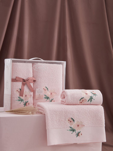 Подарочный набор полотенец для ванной 50х90, 70х140 Karna VALDI хлопковая махра розовый, фото, фотография