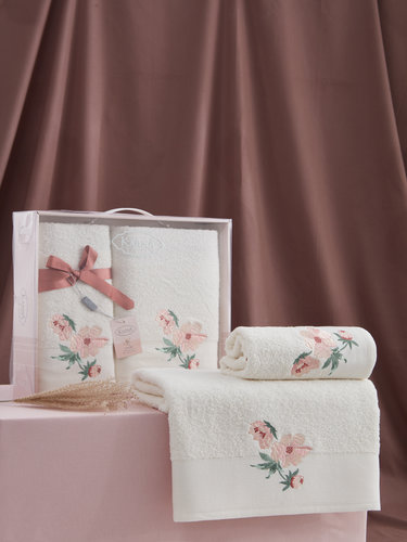 Подарочный набор полотенец для ванной 50х90, 70х140 Karna VALDI хлопковая махра кремовый, фото, фотография