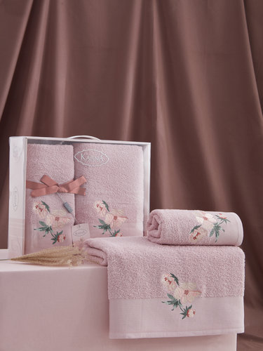Подарочный набор полотенец для ванной 50х90, 70х140 Karna VALDI хлопковая махра светло-лавандовый, фото, фотография