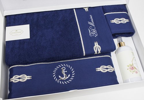 Подарочный набор полотенец для ванной 30х50, 50х100, 75х150 Tivolyo Home ANCHOR хлопковая махра синий, фото, фотография