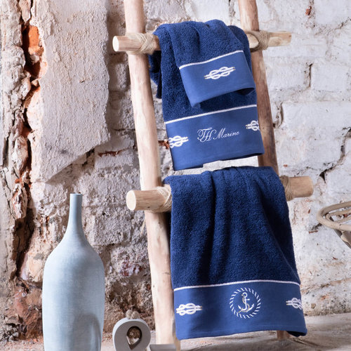 Подарочный набор полотенец для ванной 30х50, 50х100, 75х150 + спрей Tivolyo Home ANCHOR хлопковая махра синий, фото, фотография