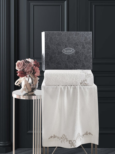 Подарочный набор полотенец для ванной 50х90, 70х140 Karna VALOR хлопковая махра кремовый, фото, фотография