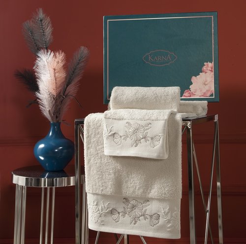 Подарочный набор полотенец для ванной 50х90, 70х140 Karna MIRA хлопковая махра натурал, фото, фотография