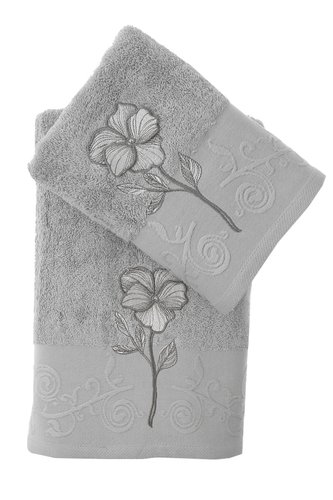 Подарочный набор полотенец для ванной 50х90, 70х140 Karna LILYAN хлопковая махра серый, фото, фотография