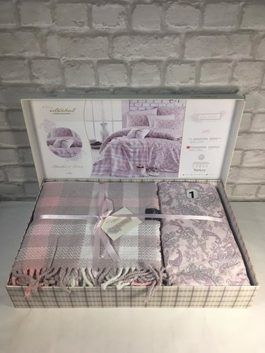 Постельное белье с пледом Istanbul Home Collection SQUART хлопковый ранфорс розовый евро, фото, фотография