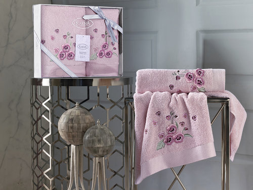 Подарочный набор полотенец для ванной 50х90, 70х140 Karna MALINDA хлопковая махра розовый, фото, фотография