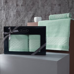 Подарочный набор полотенец для ванной 50х90, 70х140 Karna GRAVIT хлопковая махра зелёный, фото, фотография