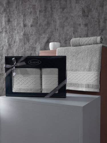 Подарочный набор полотенец для ванной 50х90, 70х140 Karna GRAVIT хлопковая махра серый, фото, фотография