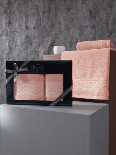 Подарочный набор полотенец для ванной 50х90, 70х140 Karna GRAVIT хлопковая махра абрикосовый, фото, фотография