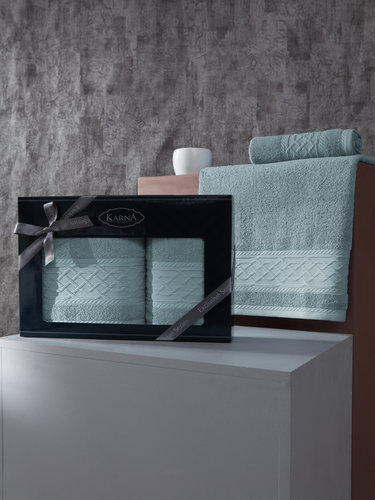 Подарочный набор полотенец для ванной 50х90, 70х140 Karna GRAVIT хлопковая махра небесно-синий, фото, фотография
