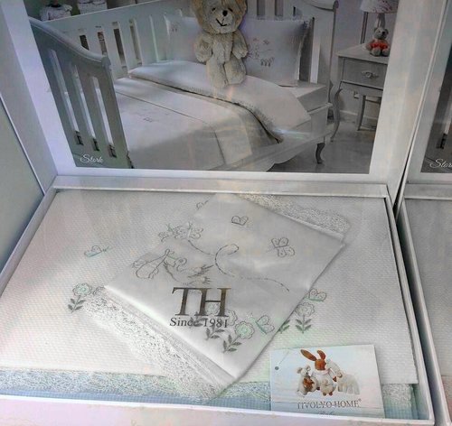 Постельное белье для новорожденных с пледом-пике Tivolyo Home STORK BEBE хлопковый сатин делюкс голубой, фото, фотография