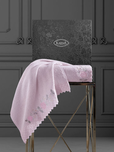 Подарочный набор полотенец для ванной 50х90, 70х140 Karna AMORA хлопковая махра розовый, фото, фотография