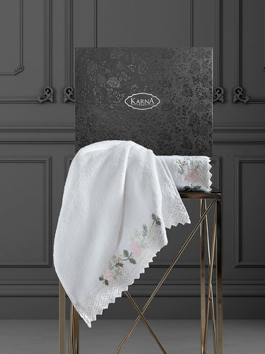 Подарочный набор полотенец для ванной 50х90, 70х140 Karna AMORA хлопковая махра кремовый, фото, фотография