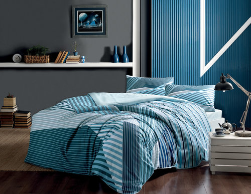 Комплект подросткового постельного белья TAC ATLANTIS хлопковый ранфорс голубой евро, фото, фотография