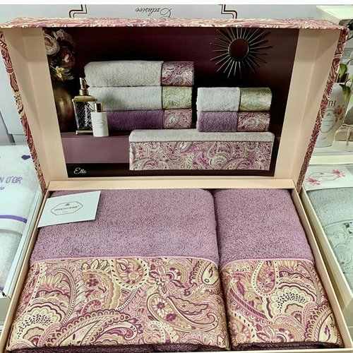 Подарочный набор полотенец для ванной 2 пр. Tivolyo Home ETTO хлопковая махра фиолетовый, фото, фотография