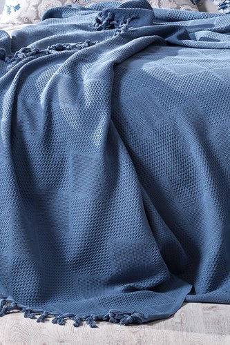 Летнее постельное белье с покрывалом-одеялом пике Saheser MONA хлопковый ранфорс тёмно-голубой евро, фото, фотография