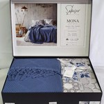 Летнее постельное белье с покрывалом-одеялом пике Saheser MONA хлопковый ранфорс тёмно-голубой евро, фото, фотография