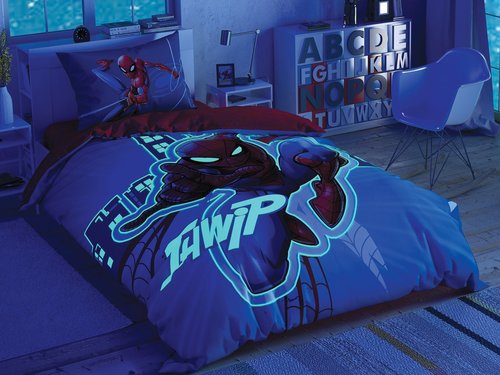 Детское постельное белье светящееся TAC SPIDERMAN LIGHT CITY хлопковый ранфорс 1,5 спальный, фото, фотография