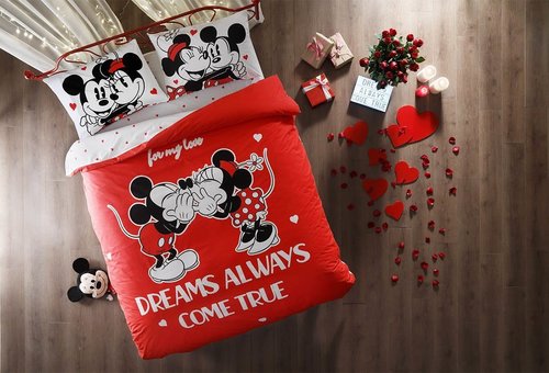 Детское постельное белье светящееся TAC MINNIE MICKEY DREAMS хлопковый ранфорс евро, фото, фотография