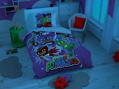 Детское постельное белье светящееся TAC PJ MASKS HERO хлопковый ранфорс 1,5 спальный, фото, фотография