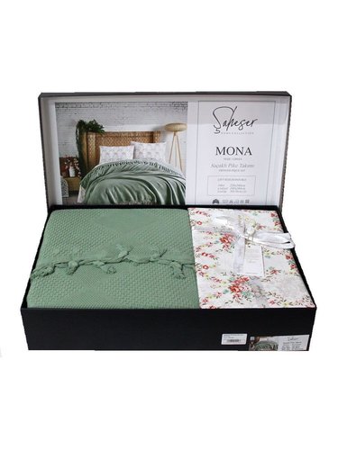 Летнее постельное белье с покрывалом-одеялом пике Saheser MONA хлопковый ранфорс зелёный евро, фото, фотография