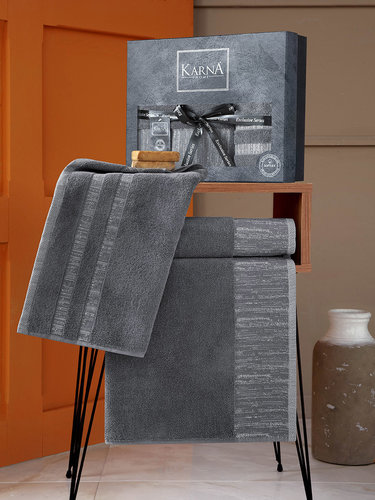 Подарочный набор полотенец для ванной 50х90, 70х140 Karna MORANO хлопковая махра тёмно-серый, фото, фотография