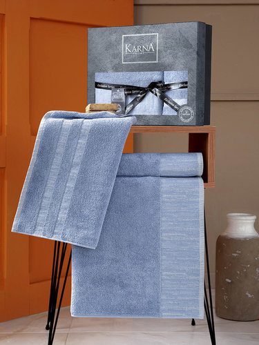 Подарочный набор полотенец для ванной 50х90, 70х140 Karna MORANO хлопковая махра синий, фото, фотография