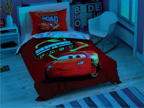 Детское постельное белье светящееся TAC CARS SHINY ROAD хлопковый ранфорс 1,5 спальный, фото, фотография