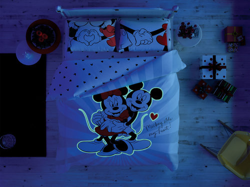 Детское постельное белье светящееся TAC MINNIE & MICKEY LOVE DAY хлопковый ранфорс евро, фото, фотография