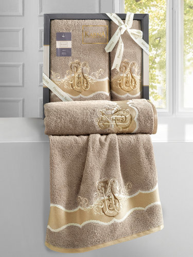 Подарочный набор полотенец для ванной 50х90, 70х140 Karna ADVEN хлопковая махра кофейный, фото, фотография