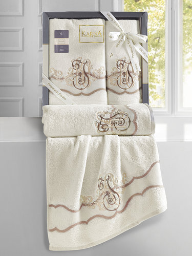 Подарочный набор полотенец для ванной 50х90, 70х140 Karna ADVEN хлопковая махра кремовый, фото, фотография