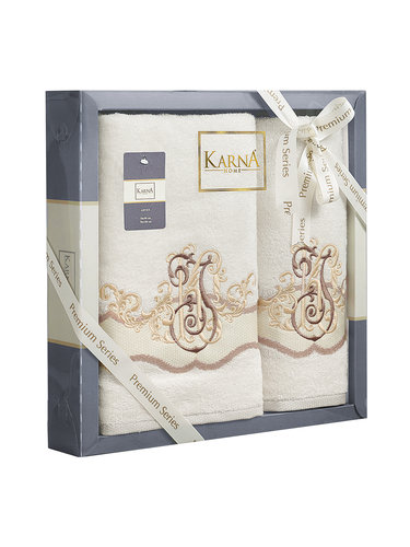 Подарочный набор полотенец для ванной 50х90, 70х140 Karna ADVEN хлопковая махра кремовый, фото, фотография