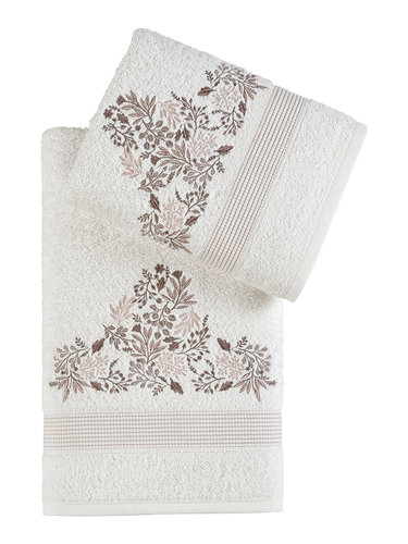 Подарочный набор полотенец для ванной 50х90, 70х140 Karna ABEL хлопковая махра кремовый, фото, фотография