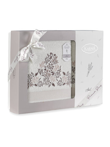 Подарочный набор полотенец для ванной 50х90, 70х140 Karna ABEL хлопковая махра кремовый, фото, фотография