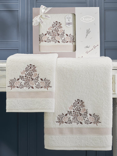 Подарочный набор полотенец для ванной 50х90, 70х140 Karna ABEL хлопковая махра кремовый, фото, фотография