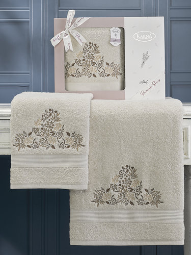 Подарочный набор полотенец для ванной 50х90, 70х140 Karna ABEL хлопковая махра бежевый, фото, фотография