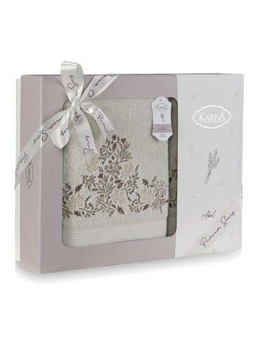 Подарочный набор полотенец для ванной 50х90, 70х140 Karna ABEL хлопковая махра бежевый, фото, фотография