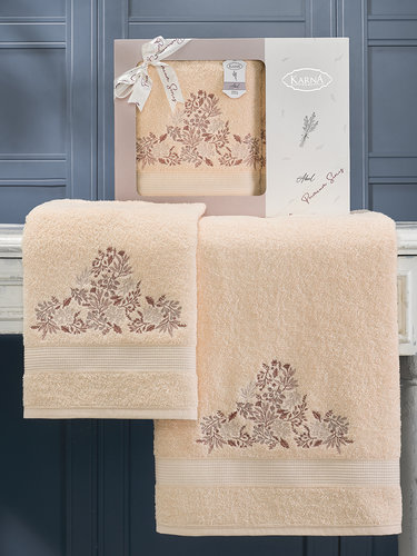 Подарочный набор полотенец для ванной 50х90, 70х140 Karna ABEL хлопковая махра абрикосовый, фото, фотография