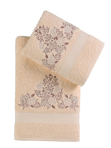 Подарочный набор полотенец для ванной 50х90, 70х140 Karna ABEL хлопковая махра абрикосовый, фото, фотография