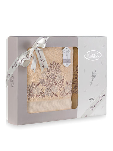 Подарочный набор полотенец для ванной 50х90, 70х140 Karna ABEL хлопковая махра абрикосовый, фото, фотография