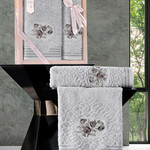 Подарочный набор полотенец для ванной 50х90, 70х140 Karna STELLA хлопковая махра светло-серый, фото, фотография