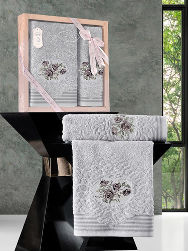 Подарочный набор полотенец для ванной 50х90, 70х140 Karna STELLA хлопковая махра светло-серый, фото, фотография