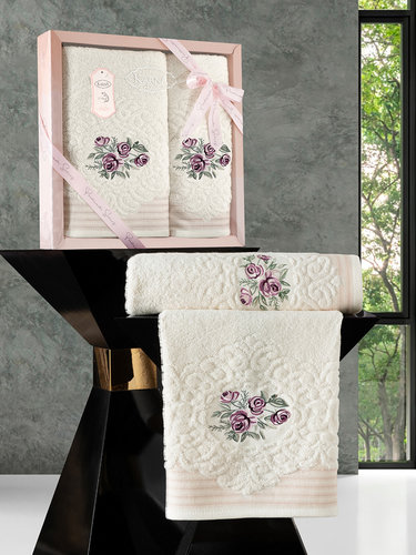 Подарочный набор полотенец для ванной 50х90, 70х140 Karna STELLA хлопковая махра кремовый, фото, фотография