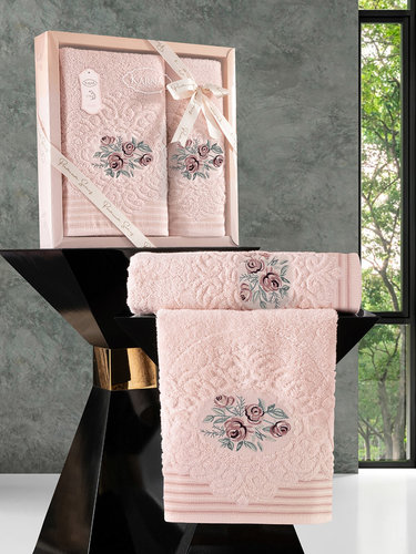 Подарочный набор полотенец для ванной 50х90, 70х140 Karna STELLA хлопковая махра абрикосовый, фото, фотография