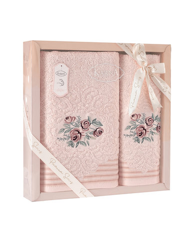 Подарочный набор полотенец для ванной 50х90, 70х140 Karna STELLA хлопковая махра абрикосовый, фото, фотография