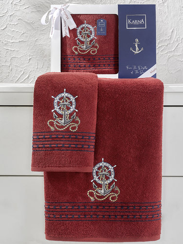 Подарочный набор полотенец для ванной 50х90, 70х140 Karna MARIN хлопковая махра бордовый, фото, фотография
