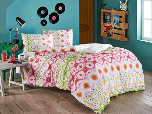 Комплект подросткового постельного белья TAC ENZO хлопковый ранфорс зелёный, красный 1,5 спальный, фото, фотография