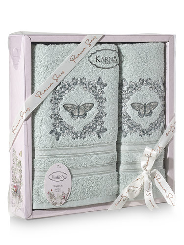 Подарочный набор полотенец для ванной 50х90, 70х140 Karna MARIA  хлопковая махра ментол, фото, фотография