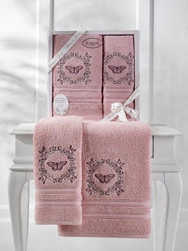 Подарочный набор полотенец для ванной 50х90, 70х140 Karna MARIA  хлопковая махра грязно-розовый, фото, фотография